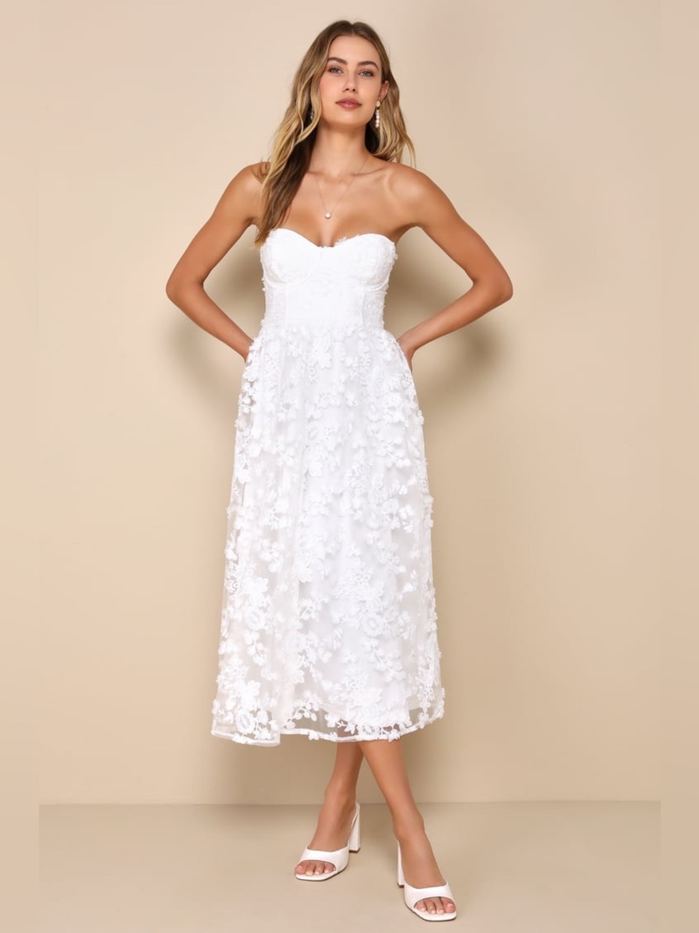 Lulus Quite Perfect White Floral Embroidered Strapless Midi Dress Size Small